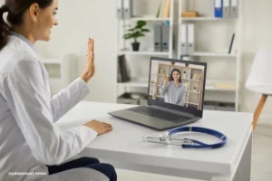 Médica en consulta virtual saluda a paciente en telemedicina Colombia 2025.