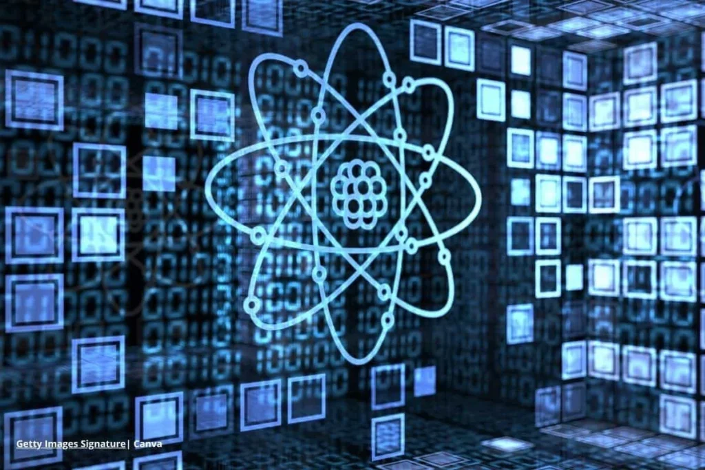 Investigación científica y computación cuántica: átomo sobre fondo de datos digitales azules.