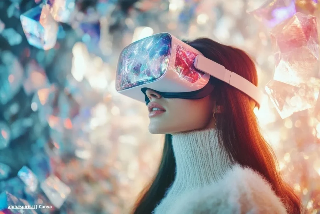 Metaverso en Colombia 2025: la próxima frontera para negocios e interacción social 3 Mujer con visor de realidad virtual observando entorno brillante y cristalino.