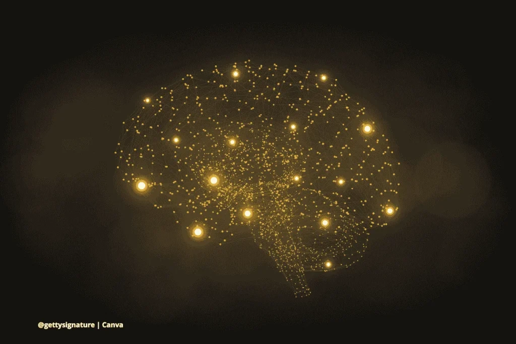 Representación digital de un cerebro formado por puntos y conexiones que simbolizan neuronas artificiales interconectadas.