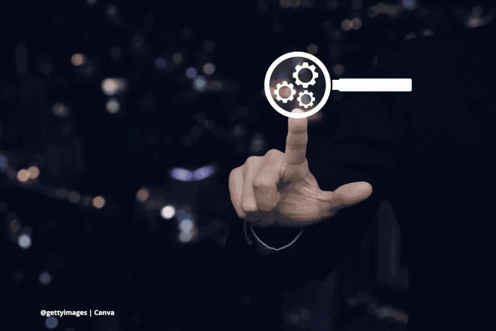 Tokenización modelos de lenguaje – icono de lupa con engranajes