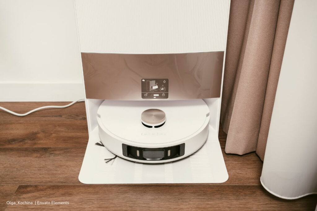 robot aspirador, Robot aspirador con base de carga visible, Más Tecnología